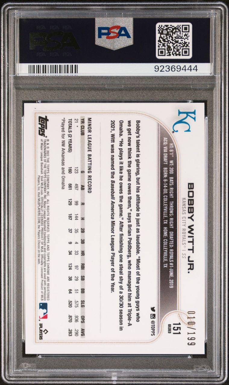 2022 TOPPS GILDED - BOBBY WITT JR ROOKIE - CAST IN GOLD /199 PSA 10